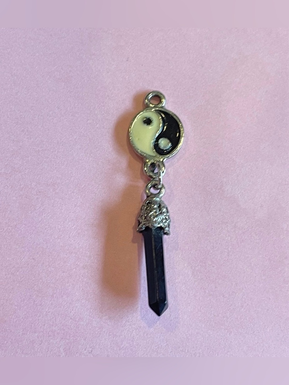 Silver Tone Enamel Black Crystal Pendant